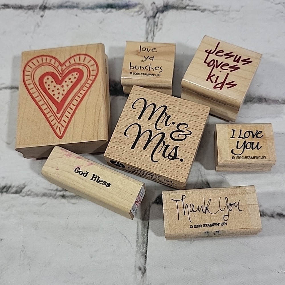 Vintage Rubber Stamps Lot Of 7 Words Sentiments Love God Bless Mounted Crafts